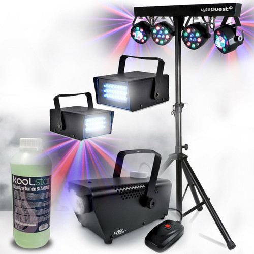 Koolstar - Pack Lumières Xperformer Portique Eclairage soirée, Fête, avec 4 PAR /UV/FRIZTAL DMX 18 prog. +Machine à fumée et liquide inclus Koolstar  - Effets lumineux