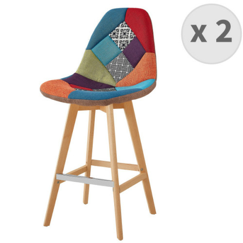 Moloo - OWEN - Chaise de bar scandinave tissu patchwork rouge pieds hêtre (x2) Moloo  - Tabourets