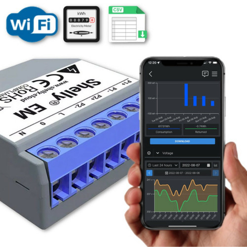 Shelly - Shelly EM - Micromodule WiFi de mesure de consommation et production avec 2 entrées pour pinces ampéremètriques Shelly  - Box domotique et passerelle