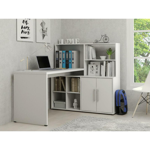 Vente-Unique - Bureau d'angle LEON avec rangements et étagères - Blanc Vente-Unique  - Mobilier de bureau