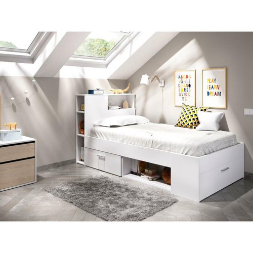 Vente-Unique - Lit avec tête de lit rangements et tiroir - 90 x 190 cm - Blanc - LEANDRE Vente-Unique  - Ensembles de literie