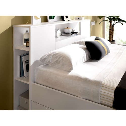 Vente-Unique - Lit avec tête de lit rangements et tiroirs - 140 x 190 cm - Coloris : Blanc - LEANDRE Vente-Unique  - Ensembles de literie