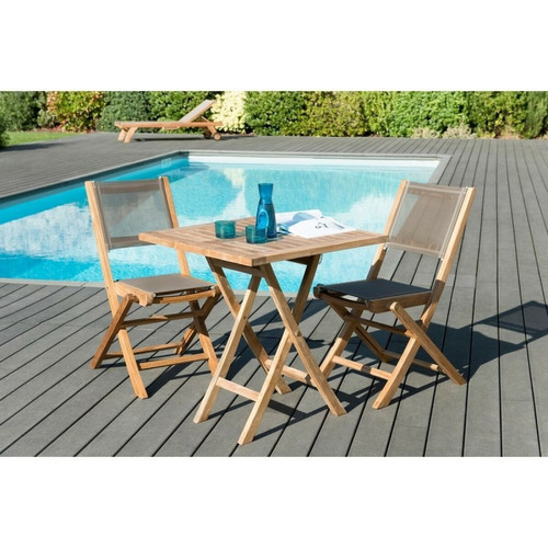 MACABANE - Ensemble table carrée pliante 70 cm + 2 chaises pliantes en teck massif et textile - Teck MACABANE  - Table de Jardin Carrée Tables de jardin