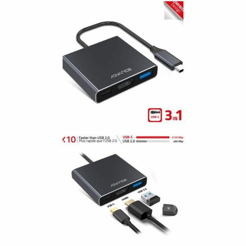 Advance - Adaptateur HUB Multi-Ports USB-C vers USB-A 3.0 - Mâle HDMI™ 4K Femelle USB-A Femelle + USB-C™ Femelle Advance  - Advance