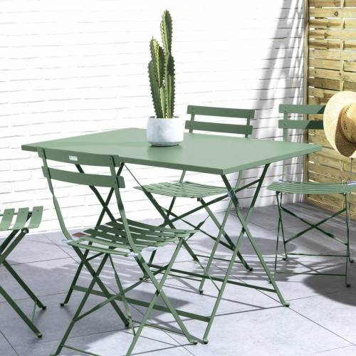 sweeek - Salon de jardin bistrot pliable Emilia rectangulaire vert de gris avec quatre chaises pliantes, acier thermolaqué | sweeek sweeek  - Ensemble table chaises bistrot