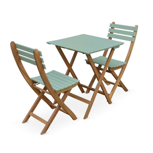 sweeek - Table de jardin bistrot 60x60cm - Barcelona Bois / Vert de gris - pliante bicolore carrée en acacia avec 2 chaises pliables | sweeek sweeek - Ensembles tables et chaises Pliable