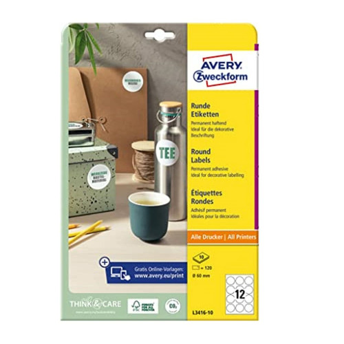 Avery - AVERY Zweckform L3416-10 Lot de 120 étiquettes rondes à imprimer autocollantes Ø 60 mm Format A4 Avery  - Avery