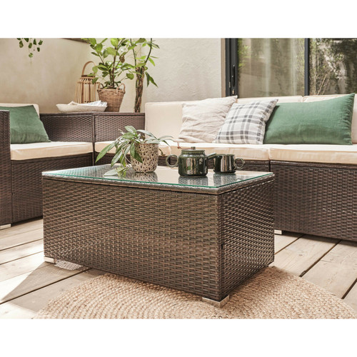 Ensembles tables et chaises Broome - salon bas de jardin 5 places - avec coffre de rangement - résine tressée marron et coussins beiges