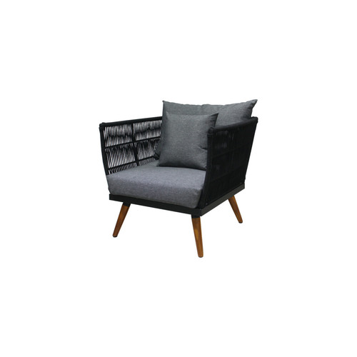 Ensembles tables et chaises TIAGO - salon bas de jardin 4 places + table - corde et bois - noir et coussins gris