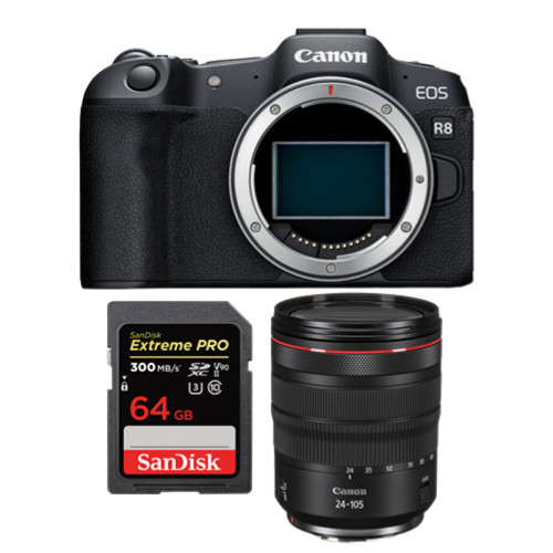 Canon - Canon EOS R8 Boîtier + RF 24-105 mm f4L IS USM + SanDisk 64 Go Canon  - Hybride Canon Appareil Hybride