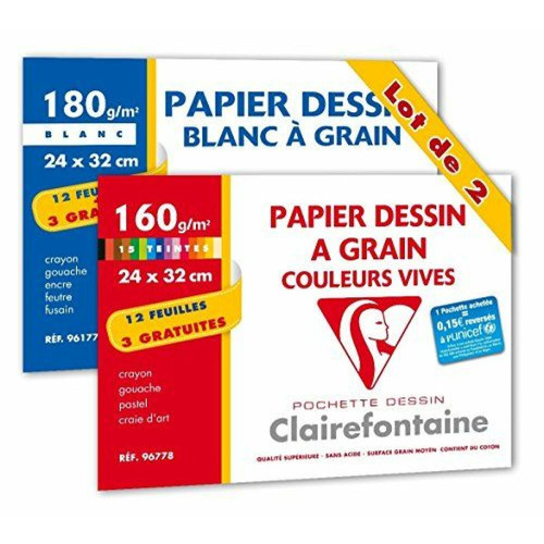 Clairefontaine - Clairefontaine Papier à dessin en pochette de 12 + 3 feuilles Lot de 1 pochette Blanc et 1 pochette Couleurs Vives Clairefontaine  - Clairefontaine