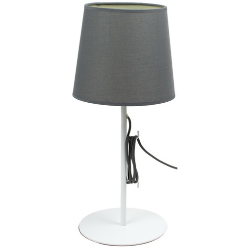 Corep - Lampe a poser cordon textile socle pied en métal blanc abat jour tissu gris Corep  - Luminaires Corep