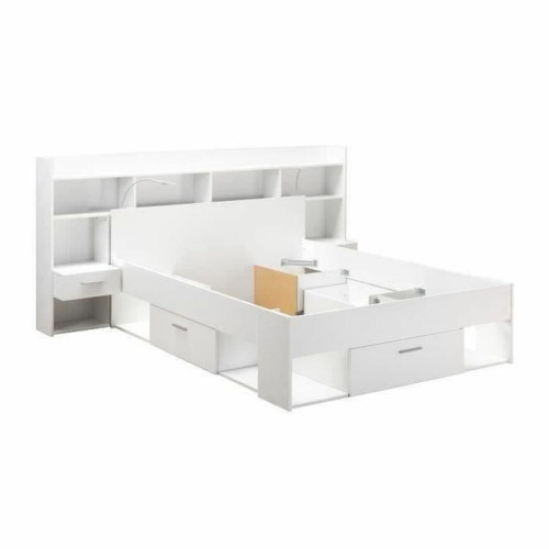 Cadres de lit Demeyere Lit adulte 140 x 190/200 cm + Tête de lit avec rangement et liseuses LED - blanc mat
