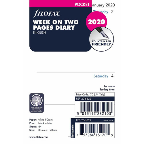 Filofax - Filofax Agenda semainier de poche sur deux pages en anglais 2020 Filofax  - Filofax