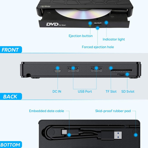 Lecteur DVD PC Lecteur DVD externe, graveur CD DVD +/-RW USB3.0 pour ordinateurs portables, lecteur optique avec fente SD