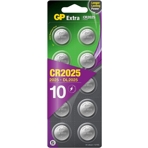Gp - Piles CR2025 - Lot de 10 Piles | GP Extra | Batteries CR 2025 Lithium 3v - Longue durée pour dispositifs Portables, Porte-clés Gp  - Gp
