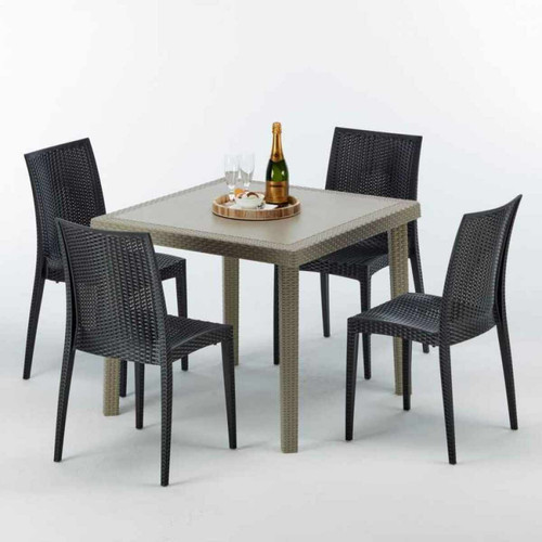 Grand Soleil - Table carrée beige + 4 chaises colorées Poly rotin synthétique Elegance, Chaises Modèle: Bistrot Anthracite noir Grand Soleil  - Ensemble table chaises bistrot
