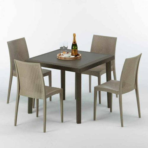 Grand Soleil - Table carrée et 4 chaises colorées Poly-rotin résine 90x90 marron, Chaises Modèle: Bistrot Beige Juta Grand Soleil  - Ensemble table chaises bistrot