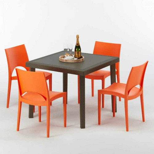 Grand Soleil - Table carrée et 4 chaises colorées Poly-rotin résine 90x90 marron, Chaises Modèle: Paris orange Grand Soleil  - Salon de Jardin Mobilier de jardin