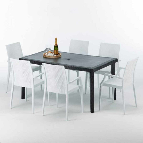 Grand Soleil - Table rectangulaire et 6 chaises Poly rotin colorées 150x90cm noir Enjoy, Chaises Modèle: Bistrot Arm Blanc Grand Soleil  - Ensemble table chaises bistrot