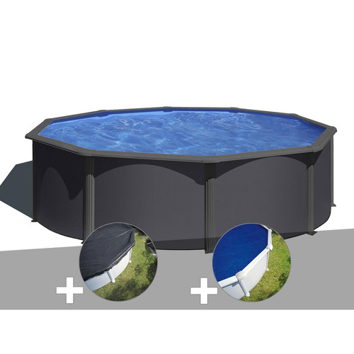 Gre - Kit piscine acier gris anthracite Gré Louko ronde 3,70 x 1,22 m + Bâche d'hivernage + Bâche à bulles Gre  - Gre