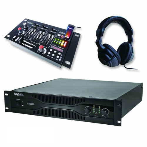 Ibiza Sound - Pack sonorisation amplificateur 2000W SA2000 + Table de mixage 4 voies 7 entrées + Casque Ibiza Sound  - Ampli  Ibiza Sound