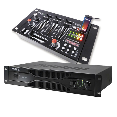 Ibiza Sound - Pack sonorisation amplificateur 500W SA500 + Table de mixage 4 voies 7 entrées DJ21USBMKII Ibiza Sound  - Ampli  Ibiza Sound