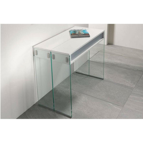 Inside 75 - Table console extensible 45 à 225 cm STEF 8 couverts piétement verre clair plateau blanc Inside 75  - Table verre extensible