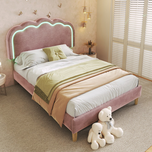 KOMHTOM - Lit rembourré Rose lit simple LED 90 x 200 cm, cadre de lit avec support à nouilles plat et tête de lit réglable KOMHTOM  - Chambre Enfant Rose et blanc