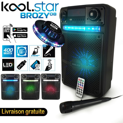 Retours de scène Koolstar Enceinte Karaoké PARTY 400W Batterie Koolstar BROZY08 à LED + APPLICATION SMARTPHONE - USB/Bluetooth, Micro + Lumière