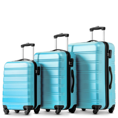 LBF - Lot de 3 valises rigides à roulettes - En ABS - Avec serrure TSA et 4 roulettes - Pour homme et femme - Avec mallette rigide - Bagage à main - Tailles M, L, XL, bleu clair, Valise souple à 4 LBF  - Antivol et Kit de voyage