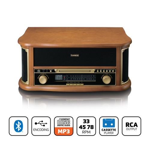 Platine Platine vinyle rétro en bois avec Bluetooth®, radio AM/FM, encodage USB, lecteur CD, lecteur de cassette et haut-parleurs intégrés TCD-2551WD Bois