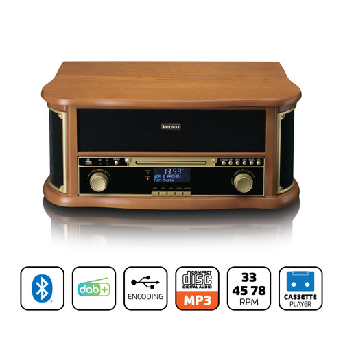 Lenco Platine vinyle rétro en bois avec Bluetooth®, radio DAB+/FM, encodage USB, lecteur CD, lecteur de cassette et haut-parleurs intégrés TCD-2571WD Bois