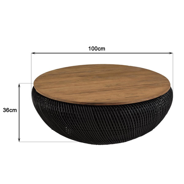 Tables basses Table basse ronde 100x100cm en rotin noir plateau amovible