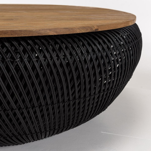 Table basse ronde 100x100cm en rotin noir plateau amovible  MACABANE