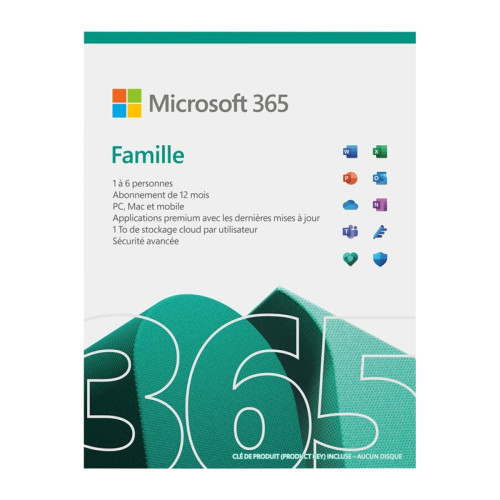 Microsoft - 365 Famille   Suite Office   jusqu'à 6 utilisateurs   1 an   PC Portable / Mac, tablette et smartphone Microsoft  - Logiciel pour Mac Microsoft