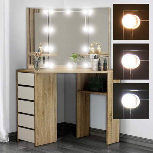ML-Design - Table de coiffeuse maquillage sonoma avec miroir éclairage LED tiroirs étagères ML-Design  - Coiffeuse