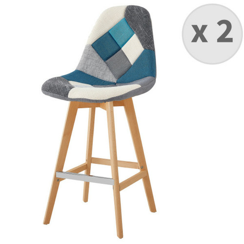 Moloo - OWEN - Chaise de bar scandinave tissu patchwork bleu pieds hêtre (x2) Moloo  - Moloo