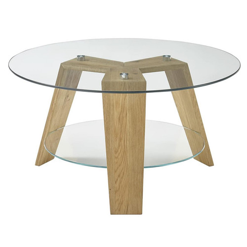 Pegane - Table basse ronde en verre clair et chêne massif - L.75 x H.40 x P.75 cm Pegane  - Table ronde verre
