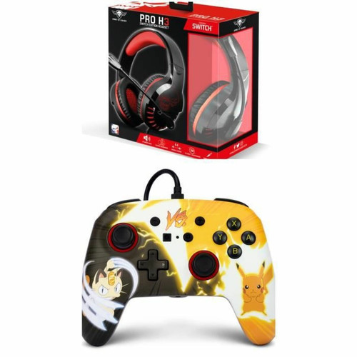 Power A - Pack Manette SWITCH Filaire Nintendo Pokémon Pikachu Meowth Officielle + Casque Gamer PRO H3 Rouge SPIRIT OF GAMER SWITCH Power A  - Manettes Switch Power A