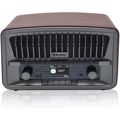 Radio Roadstar Radio rétro avec Dab+/FM, Bluetooth, Lecteur USB/MP3, entrée auxiliaire et réveil avec Double Alarme et Fonction Veille gris marron