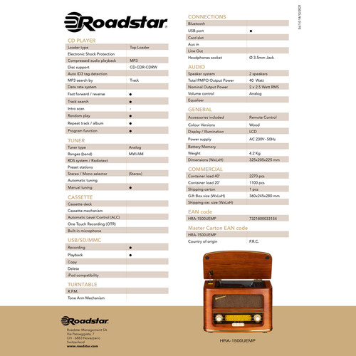 Roadstar Radio CD Portable FM/ MW Vintage, Lecteur CD-MP3,  USB, Stéréo, Télécommande, , Bois, Roadstar, HRA-1500CD-MP3UEMP