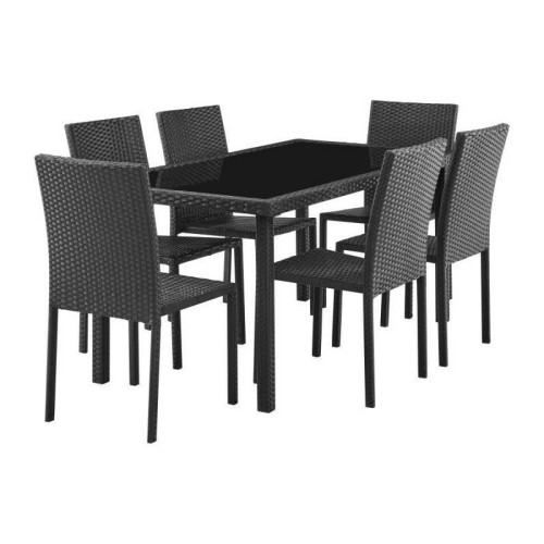 Ensembles tables et chaises Sans Marque Ensemble repas de jardin - table en verre trempe et 6 chaises en resine tressee noir - Table 160x80x73 cm - Chaise : 44x54x88 cm