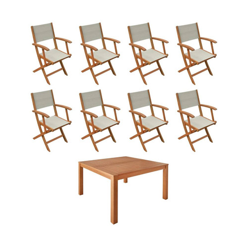 sweeek - Table de jardin carrée, bois + 8 fauteuils gris taupe I sweeek sweeek  - Table carree 8 personnes