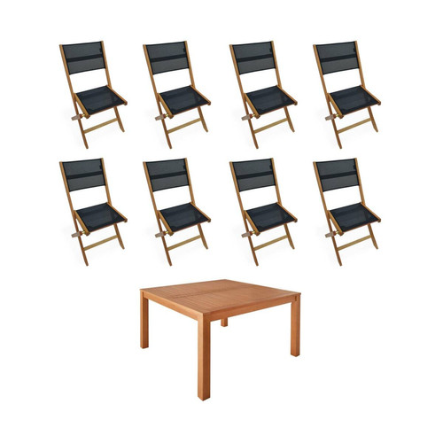 sweeek - Table de jardin carrée, bois + 8 chaises noir I sweeek sweeek  - Table jardin carre 8 personnes
