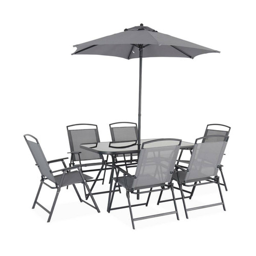 sweeek - Table de jardin avec 6 fauteuils et 1 parasol  | sweeek sweeek  - Ensembles tables et chaises