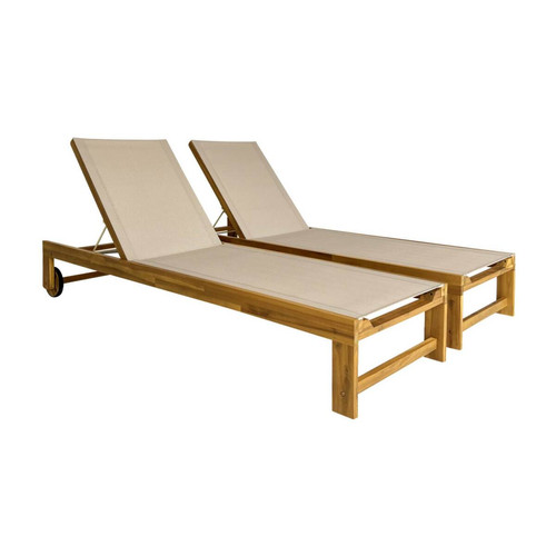 sweeek - Lot de 2 bains de soleil en bois et textilène beige I sweeek sweeek  - Transats, chaises longues