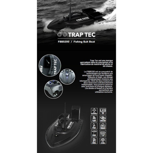 Traptec TRAPTEC FBB5200 Bateau amorceur télécommandé avec 2 réservoirs à appâts et mode nuit