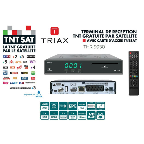 Adaptateur TNT Triax Récepteur Terminal de Réception TNT Gratuite Par Satellite HD - Triax THR 9930 - Avec Carte d’Accès TNTSAT, Port USB Pour Enregistrements