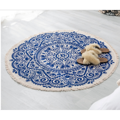 Tapis Tapis rond marocain 60cm Tissu de coton à franges bohème Tapis tapis de porte Décoration Gouttes | Tapis (bleu)